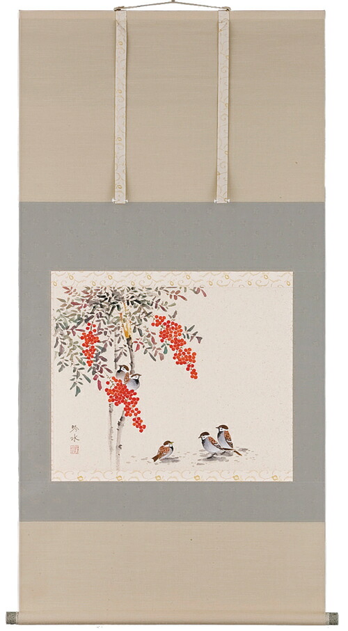 楽天市場】【値下げ】 掛軸 大野紅節『南天に雀』日本画 肉筆 掛け軸