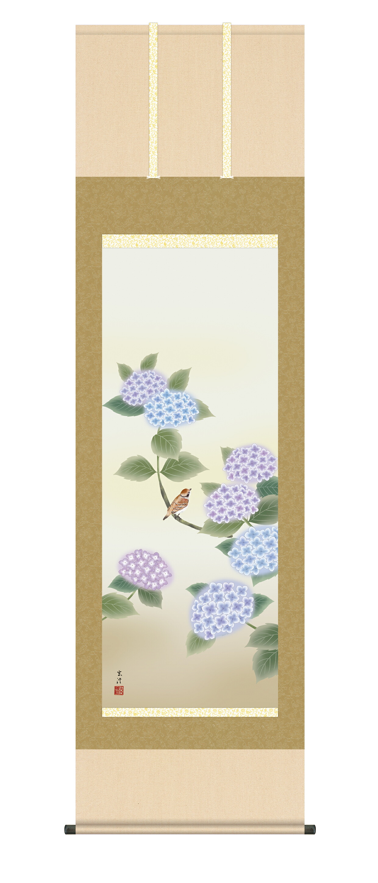 掛け軸／掛軸／かけじく【花鳥画】 紫陽花（清水　玄澄） 【送料無料】【代引き手数料無料】【洛彩緞子 最高級筋廻仕様】