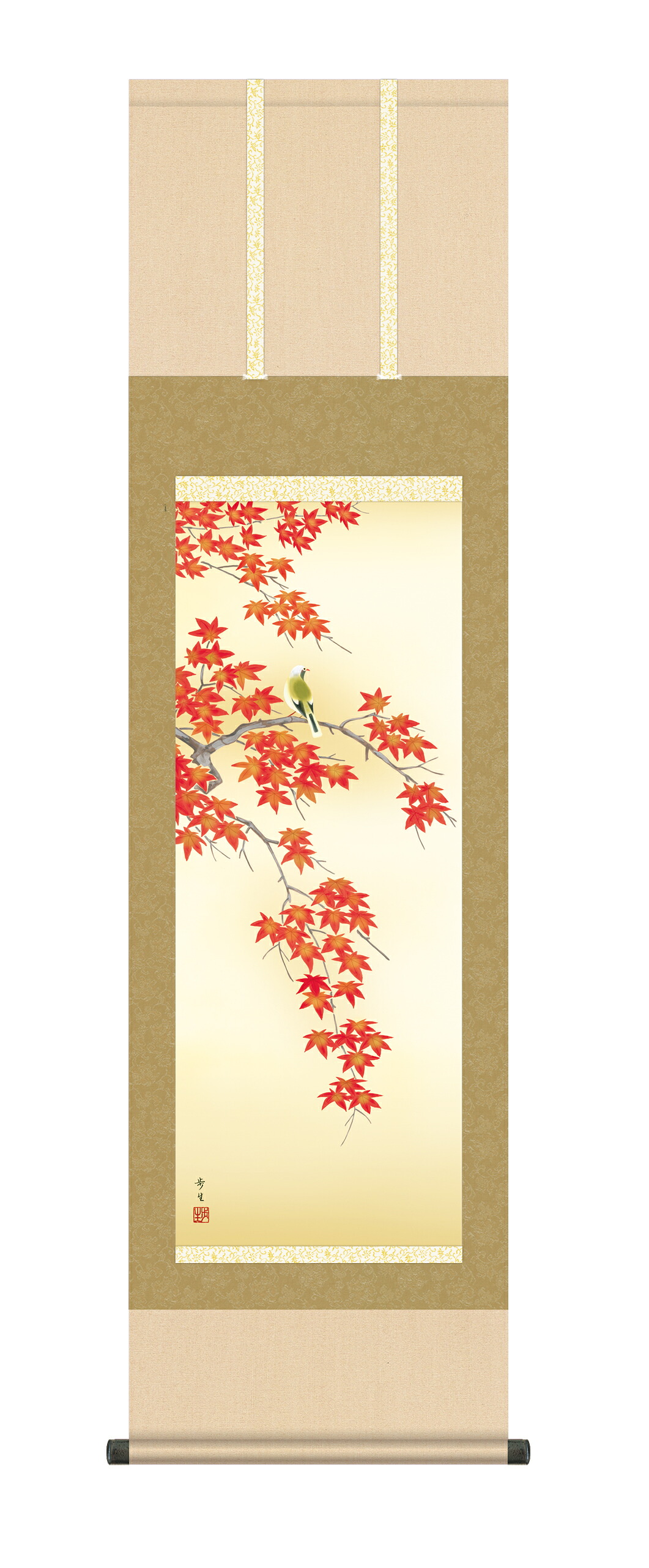 掛け軸／掛軸【花鳥/尺三】　 紅葉に小鳥　北山 歩生(三美会)　 秋　もみじ　【送料無料】【代引手数料無料】