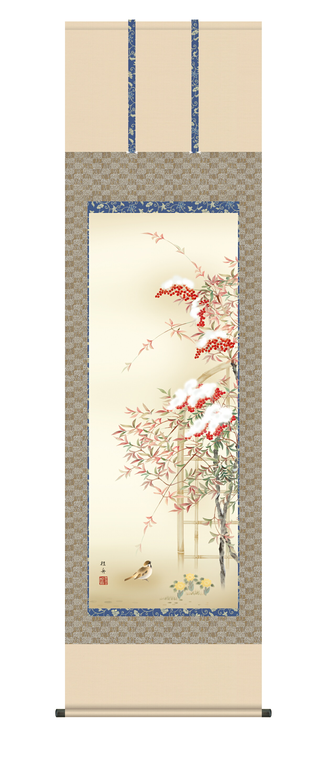 掛軸　【課題】紅葉に小鳥　【筆者】天山　、【画題】紅白梅　【筆者】南渓の2本 掛軸 【課題】紅葉に小鳥 【筆者】天山 、【画題】紅白梅 【筆者