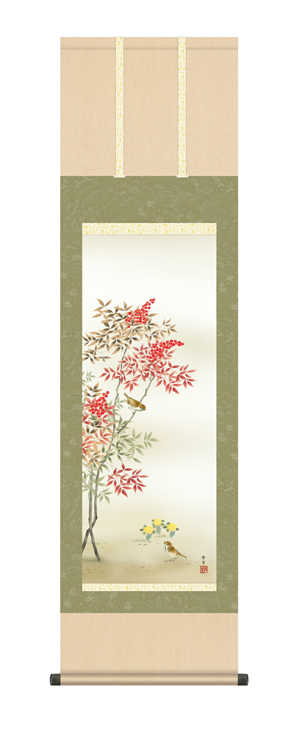 掛け軸／掛軸【花鳥/尺三】 南天福寿　北山 歩生(三美会) 　冬掛け　南天　雀【送料無料】【代引手数料無料】