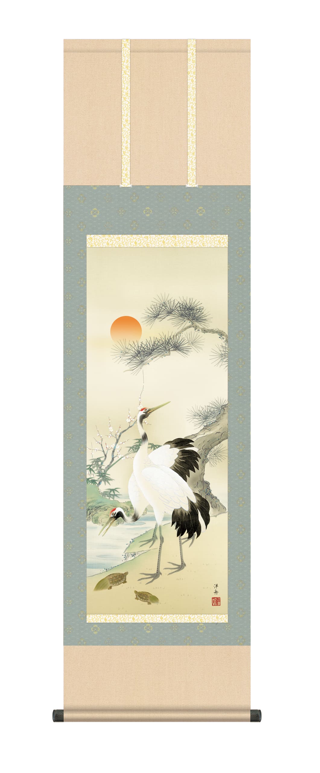 ○掛け軸/人物/鶴/3本 真作】掛軸 土佐光貞『祝儀三幅対 鶴 福禄寿』絹本 箱付 掛け軸