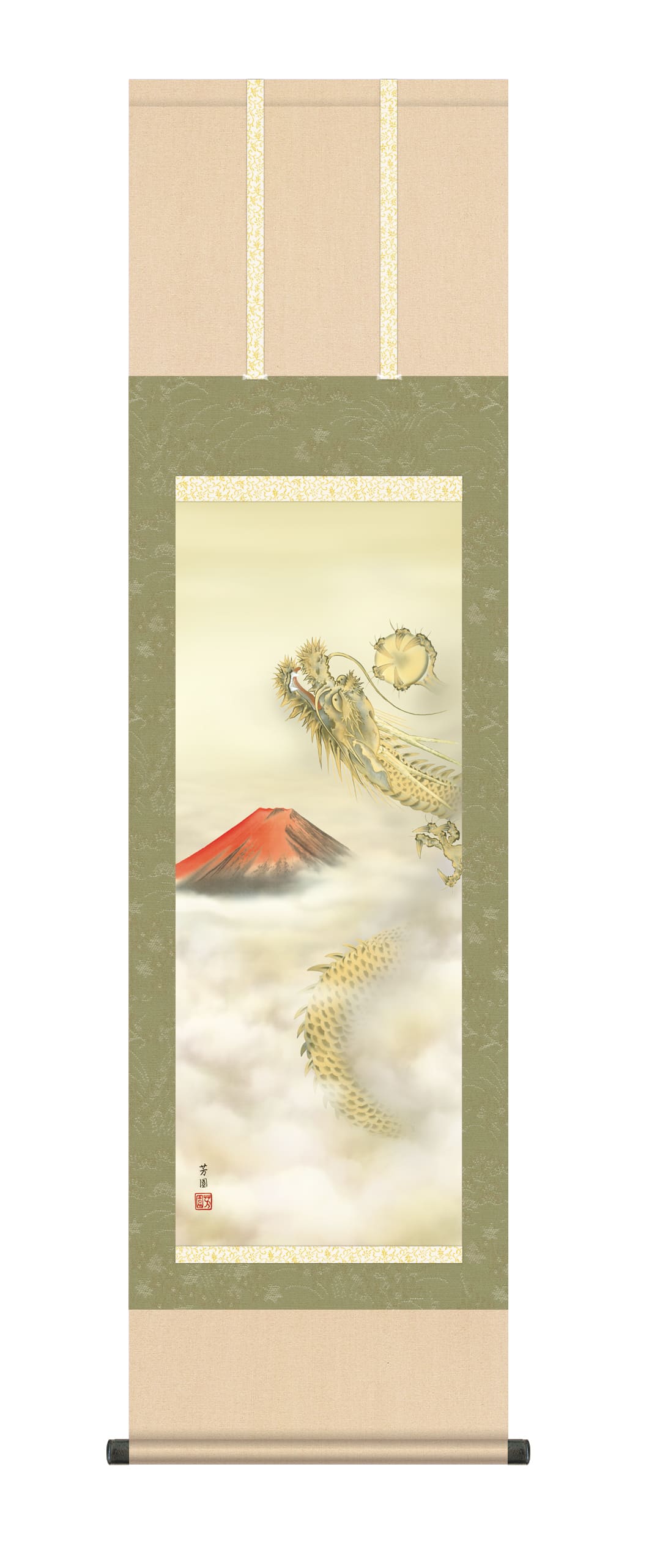 石田芳園 掛軸 赤富士龍神図」 開運・鯉の滝登り 石田芳園作 赤富士昇龍図