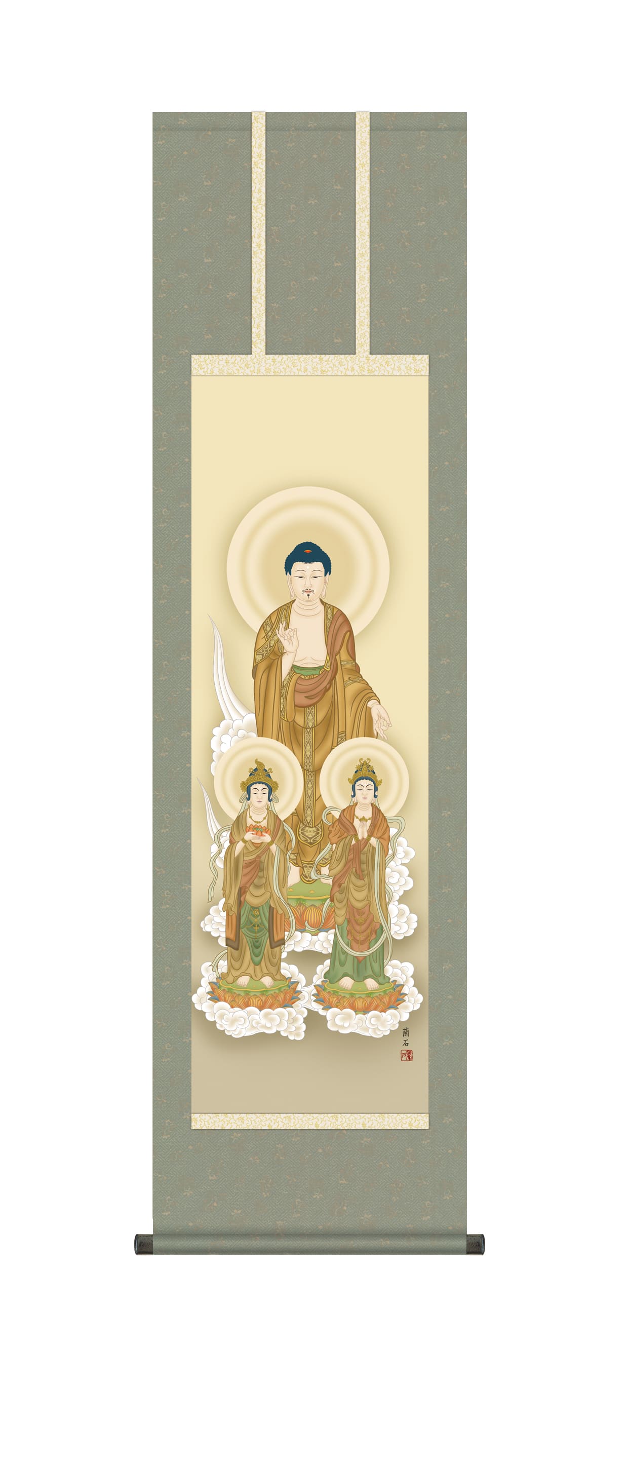 真作/臥龍/阿弥陀三尊仏/阿弥陀三尊佛/桐共箱付/布袋屋掛軸HH-631 真作/臥龍/阿弥陀三尊仏/阿弥陀三尊佛/桐共箱付/布袋屋掛軸HH-631