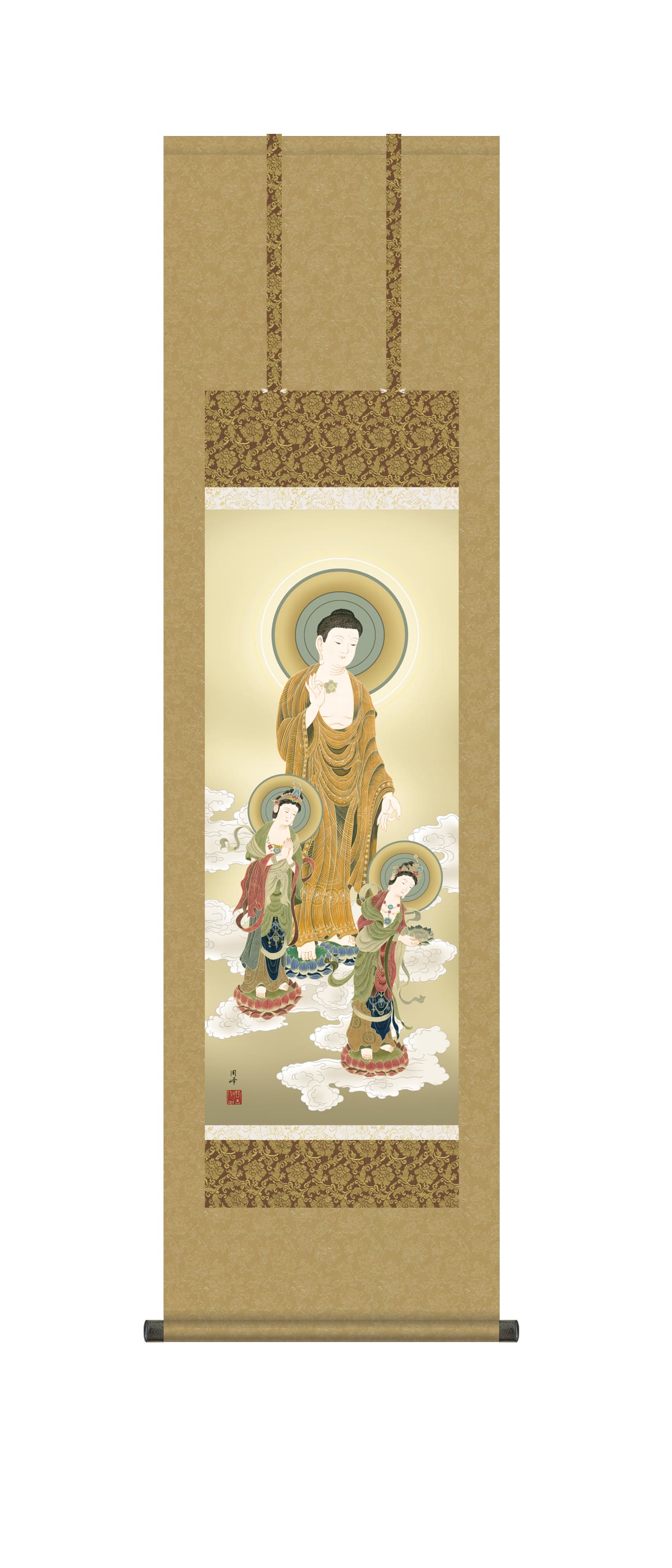 掛軸 無銘『阿弥陀三尊』佛画 仏画 豪華金襴表装 絹本 美品 箱付 掛け軸 g-1448.jpg
