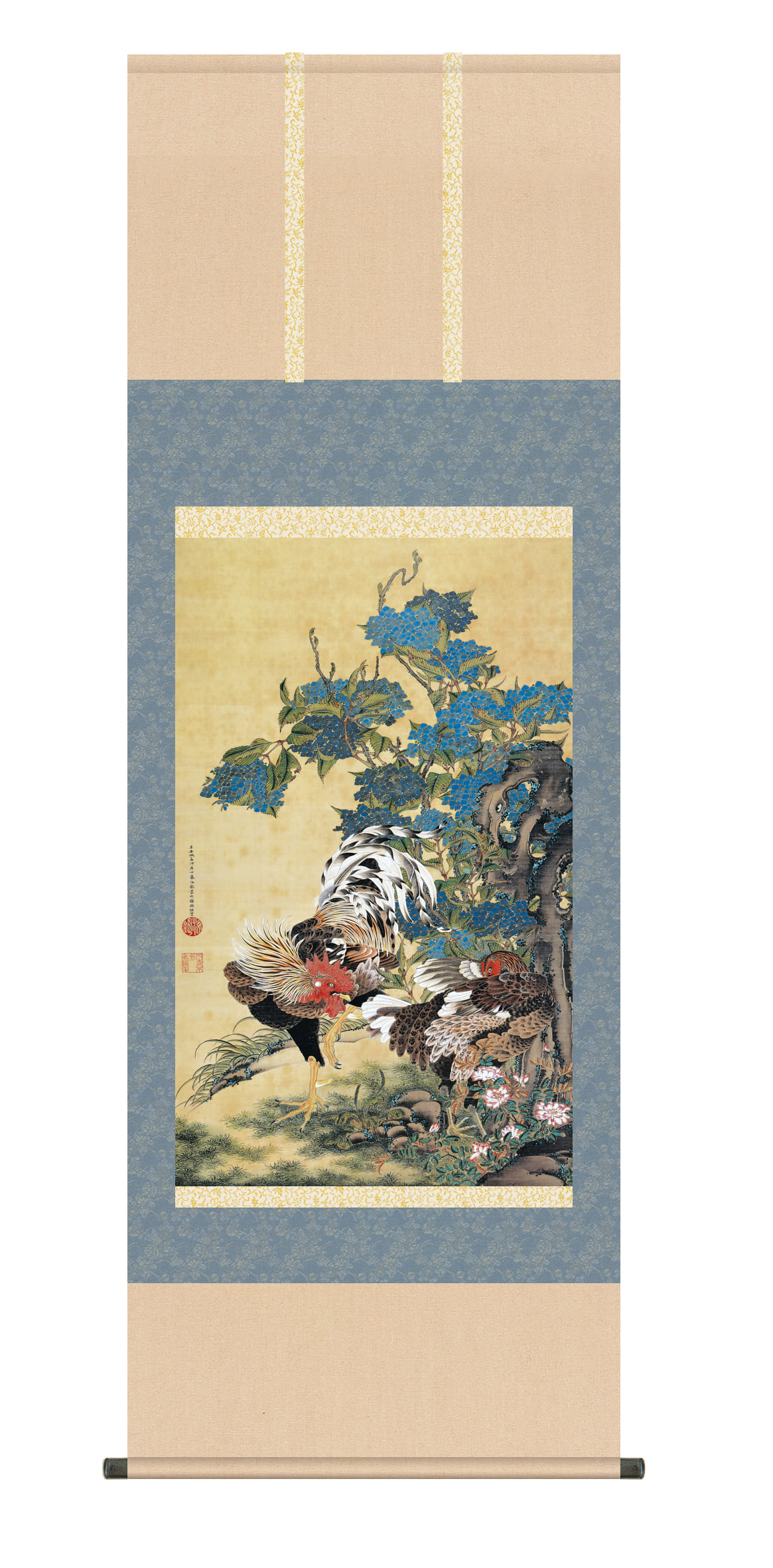 掛け軸(掛軸)【尺五】紫陽花双鶏図（あじさいそうけいず）　名画　複製　日本製　紫陽花　鶏【送料無料】【代引き手数料無料】