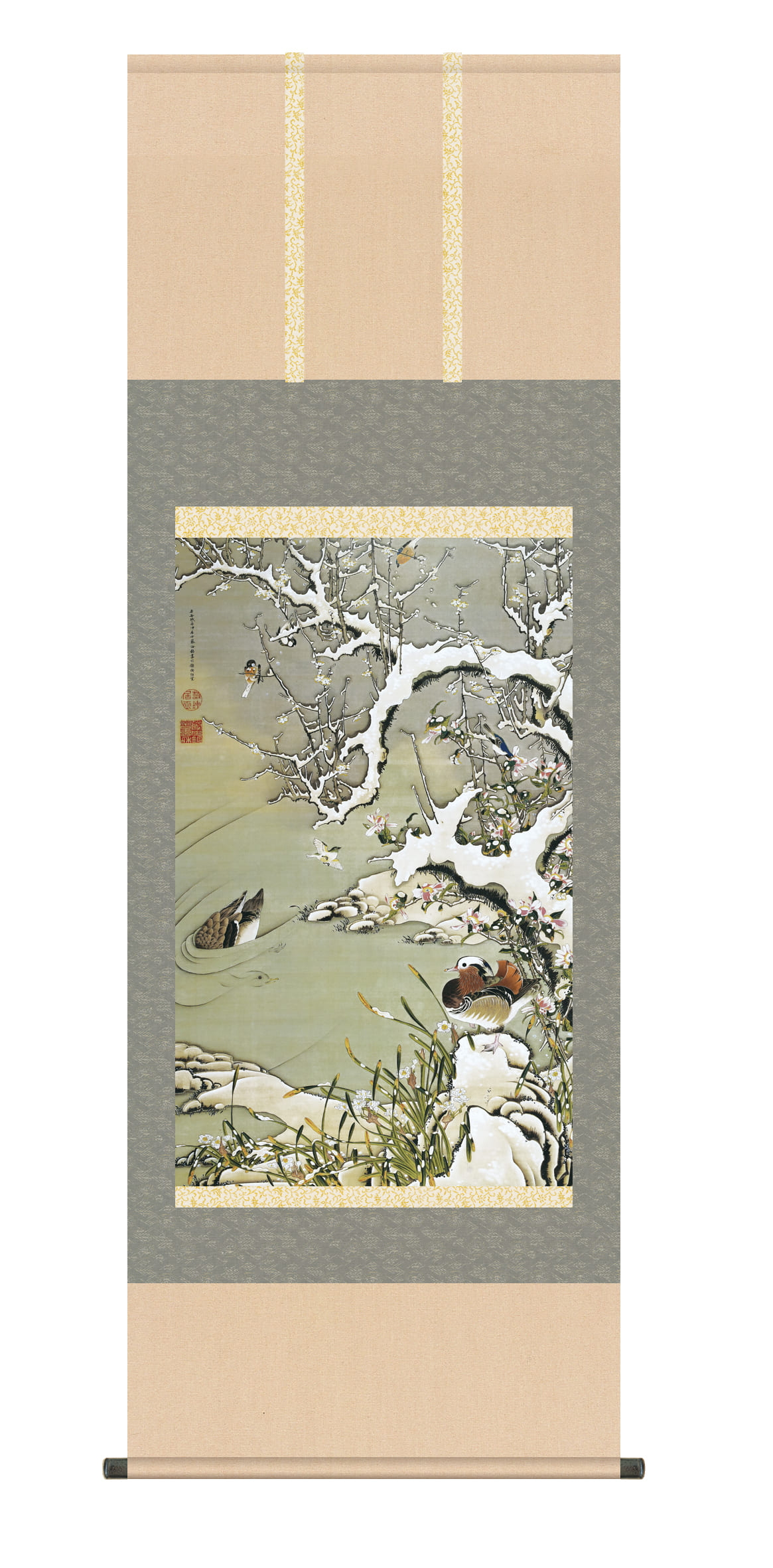 掛け軸(掛軸)【尺五】雪中遊禽図（せっちゅうゆうきんず）　名画　複製　日本製　オシドリ　雪　冬【送料無料】【代引き手数料無料】
