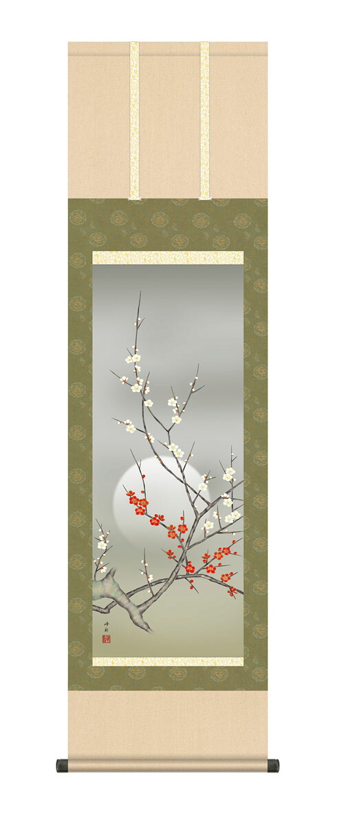 掛け軸 掛軸 かけじく 花鳥画 春掛け朧月紅白梅（園田　峰彩） 尺三幅　春掛け　春飾り　紅白梅　梅花　床の間　和室　モダン　花鳥画【送料無料】【代引き手数料無料】｜まろ庵 8,360円