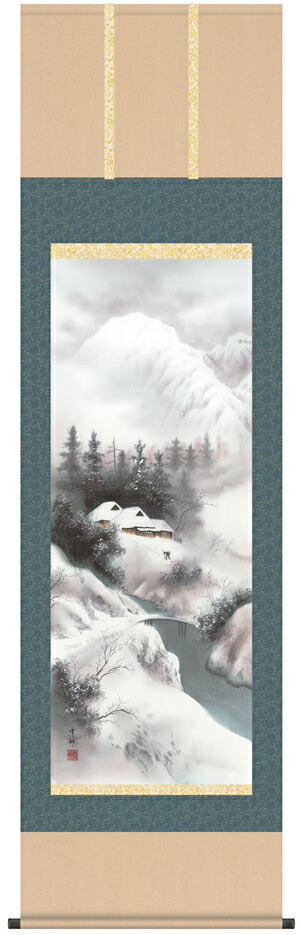 真作】掛軸 山村幽景図 霧に包まれた茅葺き家と水辺の人物 T153 真作