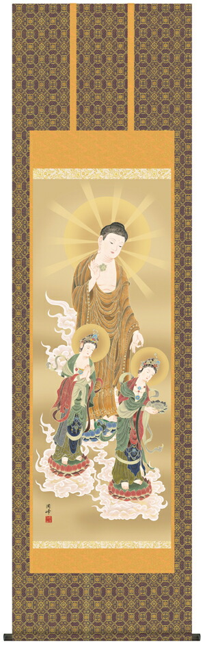 真作/臥龍/阿弥陀三尊仏/阿弥陀三尊佛/桐共箱付/布袋屋掛軸HH-631 真作/臥龍/阿弥陀三尊仏/阿弥陀三尊佛/桐共箱付/布袋屋掛軸HH-631