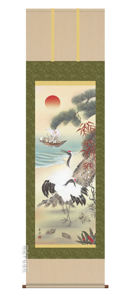 掛け軸／掛軸【縁起開運／尺三桐箱】<br>鶴亀三友福神図（遠山　翠洋）<br>【送料無料】【代引き手数料無料】