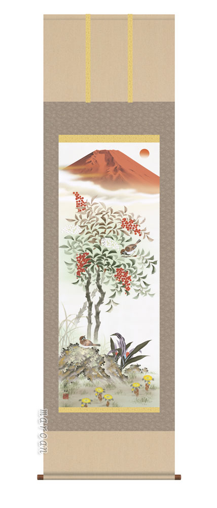 【真作】掛軸　南天に鳥図　墨彩花鳥画　冬の彩り　花鳥逸品　共箱入　T103 真作】掛軸 南天に鳥図 墨彩花鳥画 冬の彩り 花鳥逸品