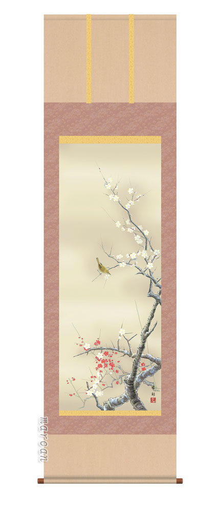楽天市場】掛け軸 掛軸 花鳥画 園田峰彩・紅白梅に鶯（掛軸