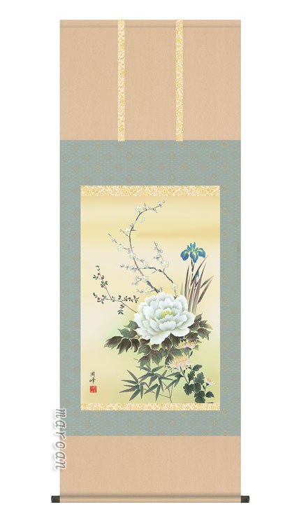 K69 石田大寿 「四季花」 掛軸 日本画 絹本 共箱 【公式通販】