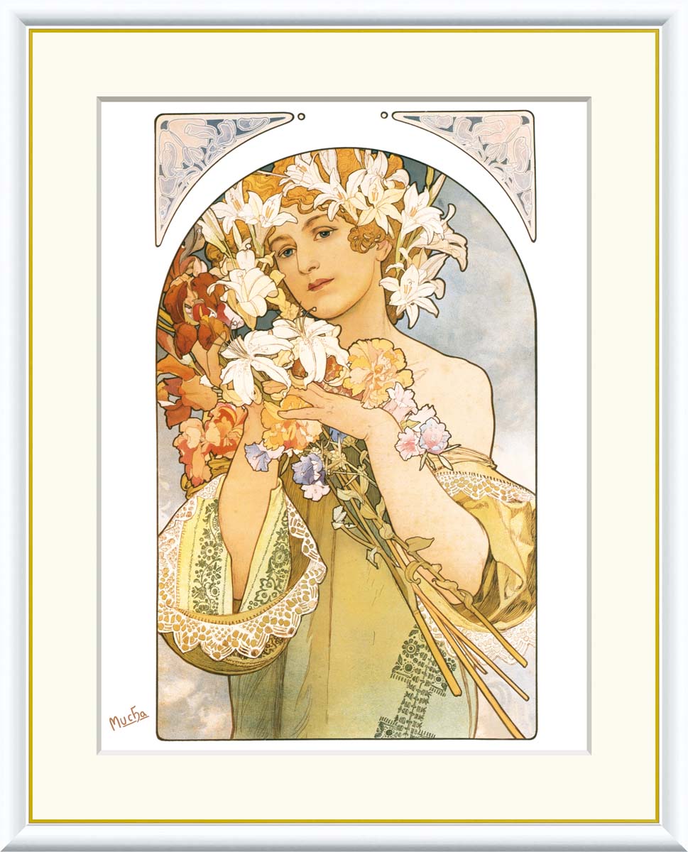 ミュシャ　「花」　 　アルフォンス・ミュシャ　インテリア　絵画　名画　額　飾る　リビング　プレゼント　壁掛け　ギフト　絵　アール・ヌーヴォー様式　チェコ出身 【送料無料】【代引手数料無料】