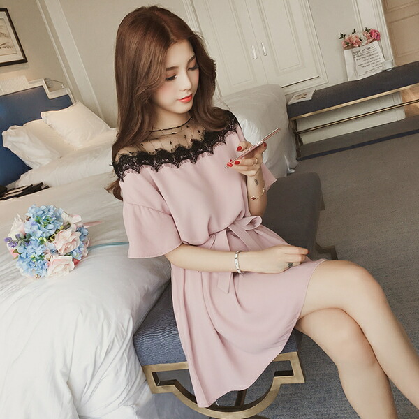 楽天市場 送料無料 ワンピース パーティードレス 韓国 ドット柄レース シースルー Aライン フレアスカート ウエストリボン 春 夏 半袖 ミニ丈 オルチャン 可愛い 上品 きれいめ 清楚 フェミニン ガーリー お嬢様 デート 量産型 地雷系 レディース ピンク ブラック