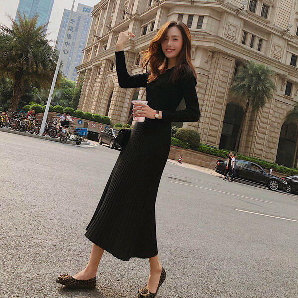 楽天市場 ワンピース ニットワンピ シンプル 無地 ナチュラル お出かけ 秋 冬 長袖 ミモレ丈 デート カジュアル エレガント オルチャン 可愛い 上品 きれいめ 清楚 大人可愛い フェミニン ガーリー 韓国ファッション レディース ベージュ ブラック Free レディースマロン