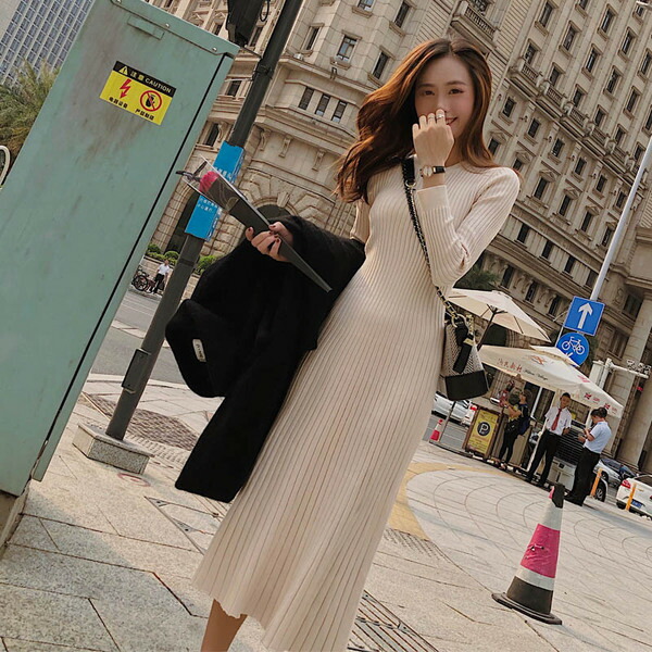 楽天市場 ワンピース ニットワンピ シンプル 無地 ナチュラル お出かけ 秋 冬 長袖 ミモレ丈 デート カジュアル エレガント オルチャン 可愛い 上品 きれいめ 清楚 大人可愛い フェミニン ガーリー 韓国ファッション レディース ベージュ ブラック Free レディースマロン