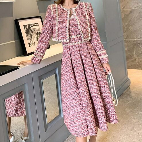 新品 Kate Spade 年 スーツ セットアップ ワンピース ひざ丈 半袖 コート ツイード 2 ピンク 黒 レディース 在庫あり 即納 Hokkaidoizakaya Id