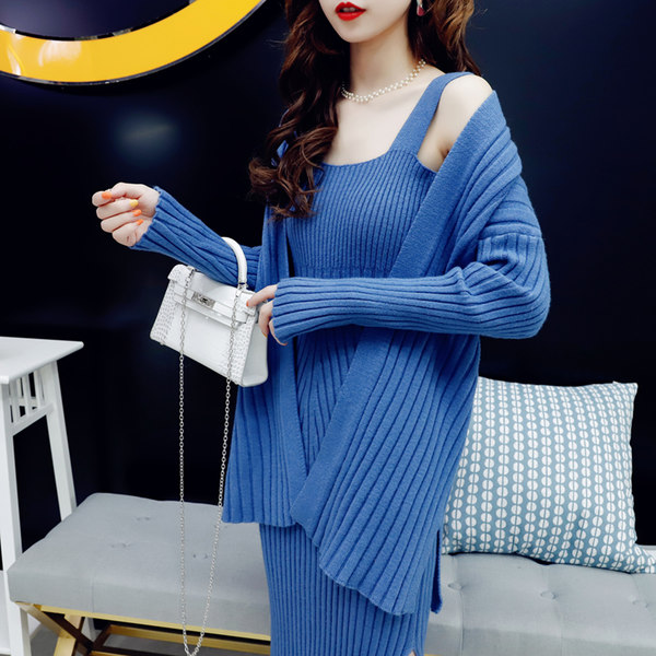 セットアップ ルームウェア ナイトウェア 部屋着 寝巻 スリットニット ツーピース ニット カーディガン ワンピース 無地 冬 秋 長袖 ロング丈 デート 可愛い リブニット シンプル キャミワンピ スリット オルチャン 可愛い レディース ベージュ ブラウン ブルー Free