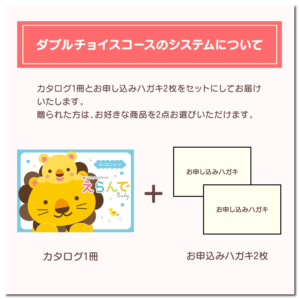 カタログギフト えらんでカタログギフト にこにこダブルチョイスコース 送料無料 送料込価格 選べる カタログギフト ギフトカタログ 出産祝い お祝い 御祝 男の子 女の子 新生児 ベビー服 ベビー用品 おもちゃ ブランド ママへ おしゃれ 友人 人気 プレゼント 000