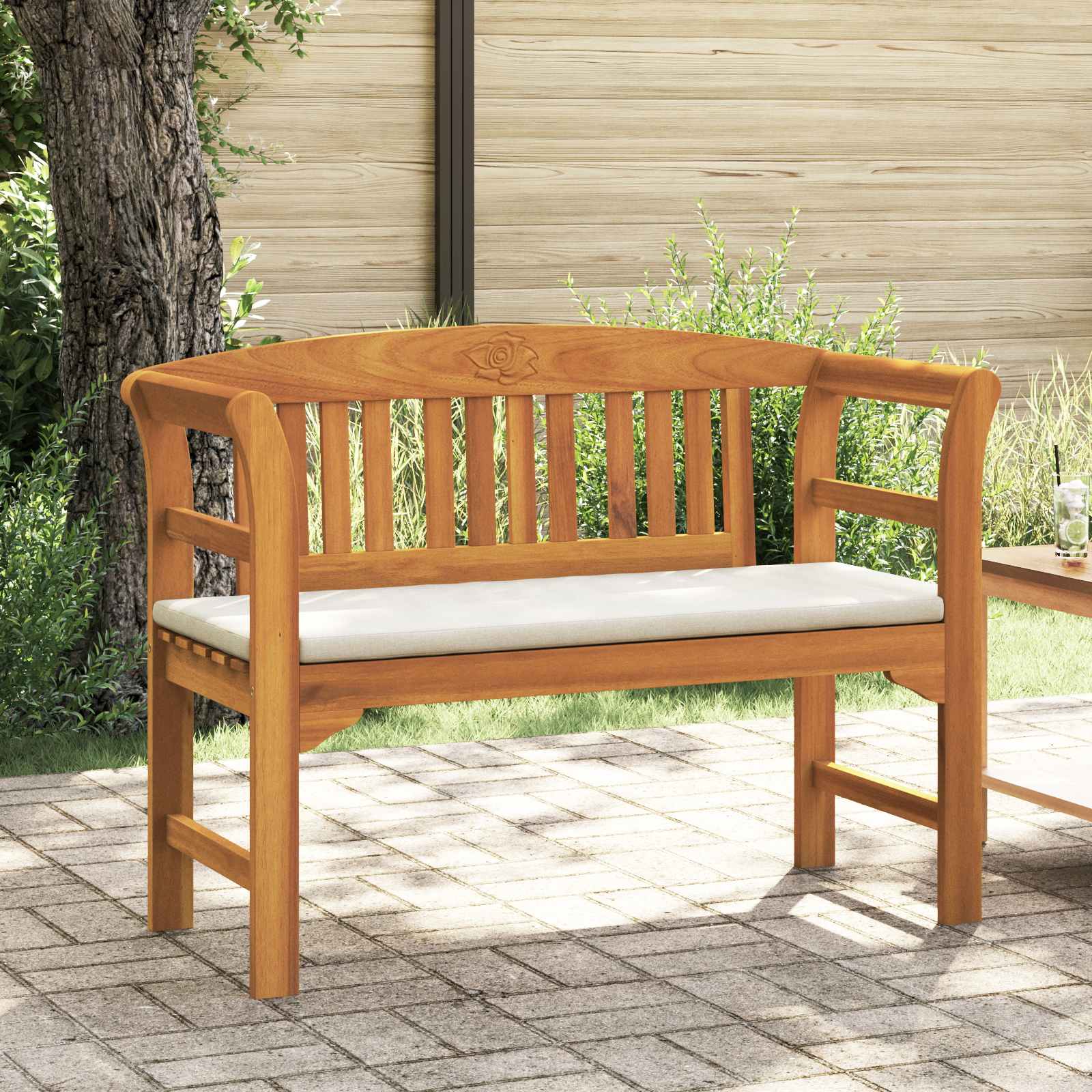 vidaXL バラのベンチ クッション付き クリームホワイト 114 x 46 x 82.5 cm ソリッドアカシアウッド｜BONATHIA