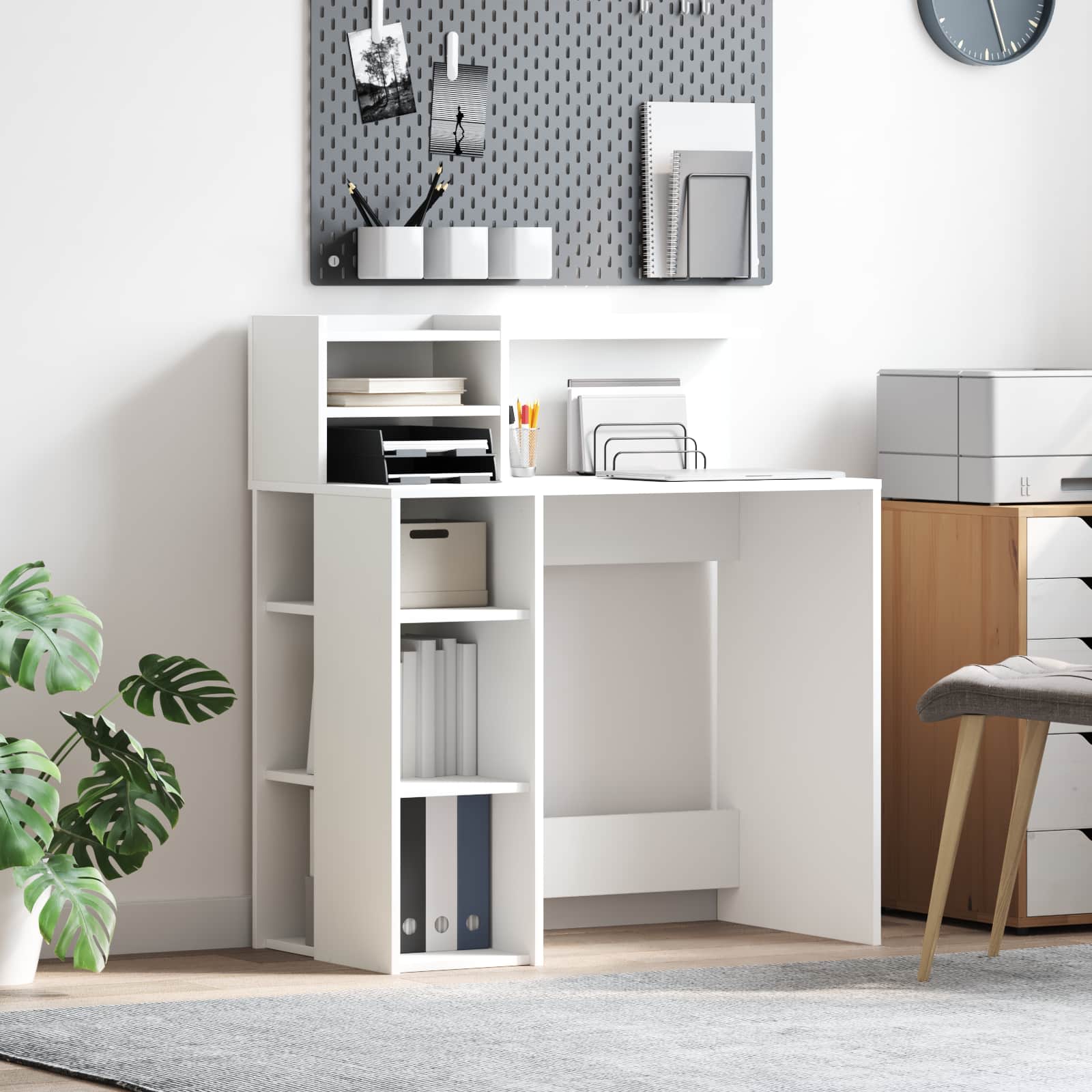 vidaXL デスク 棚で ストレージ付き ホワイト 90 x 48 x 101.5 cm エンジニアリングウッド|BONATHIA