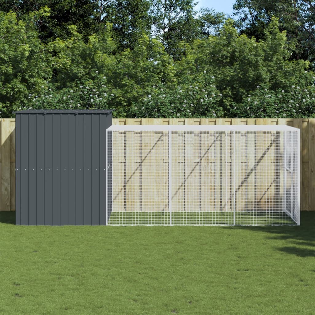 vidaXL ドッグハウス(ラン付き) アンスラサイト 214x457x181 cm 亜鉛メッキ鋼|BONATHIA