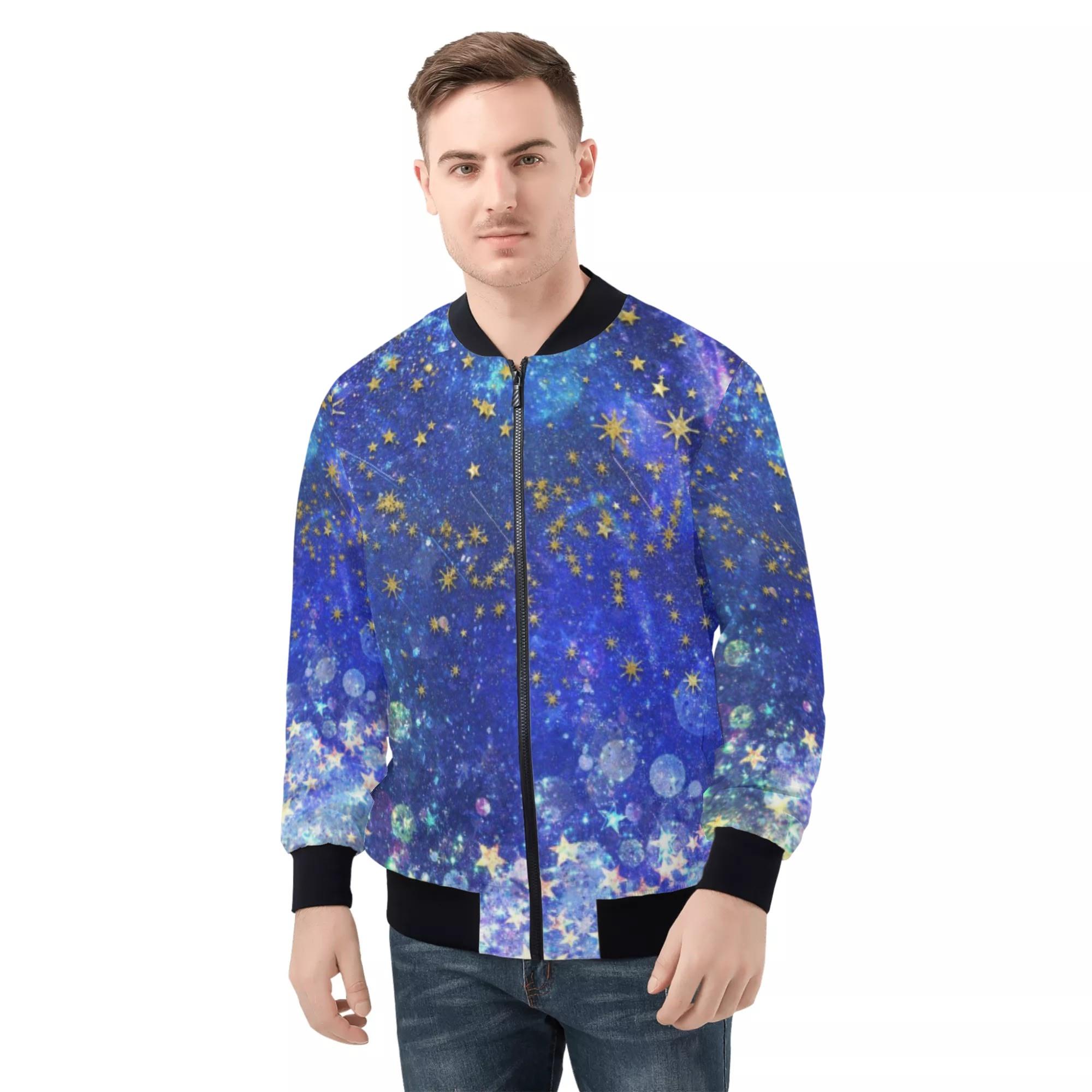 お得なクーポン 送料無料 星舞夜 メンズボンバージャケット メンズ アート ブルー 青 空 流星 綺麗 星 宇宙 幻想的 物語 スター 舞う 想い ストーリー｜BONATHIA