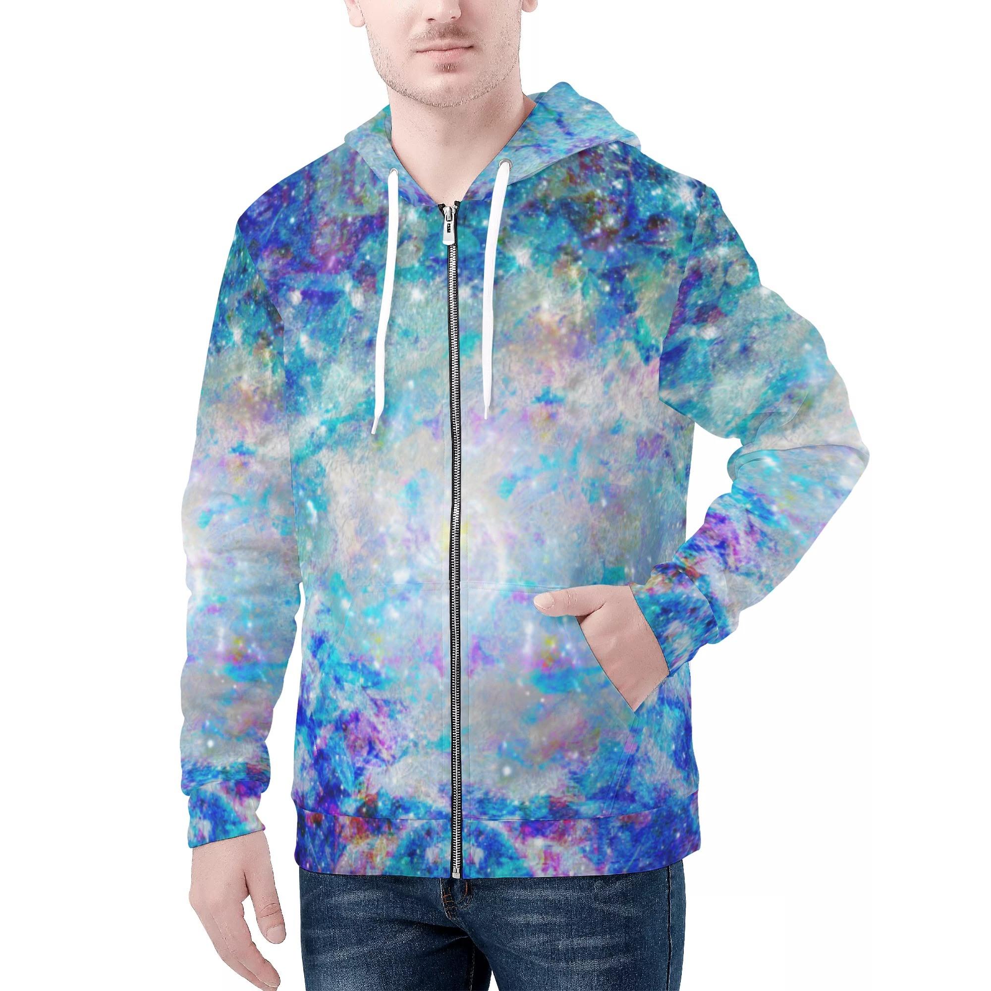 お得なクーポン券 貨物輸送無料 Botanical Universe メンズジップアップフードパーカー メンズ 美術 緑であること 青み ボタニカル 草木 気どらずに 好いたらしい 星 全ての存在