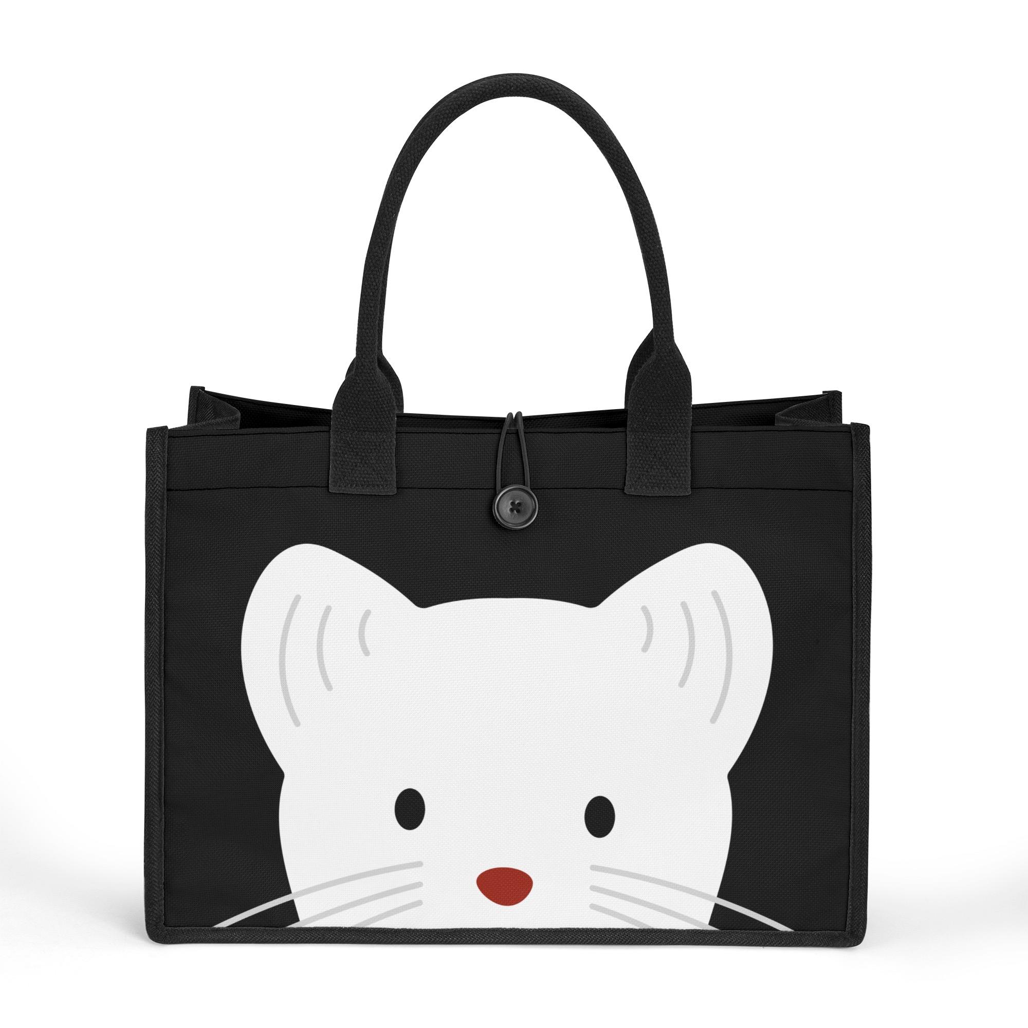 お得なクーポン 送料無料 冬の妖精オコジョ ホワイト キャンバストートバッグ ユニセックス バッグ 動物 大容量 ブラック 新入学 進学 進級 通勤 通学 学用品