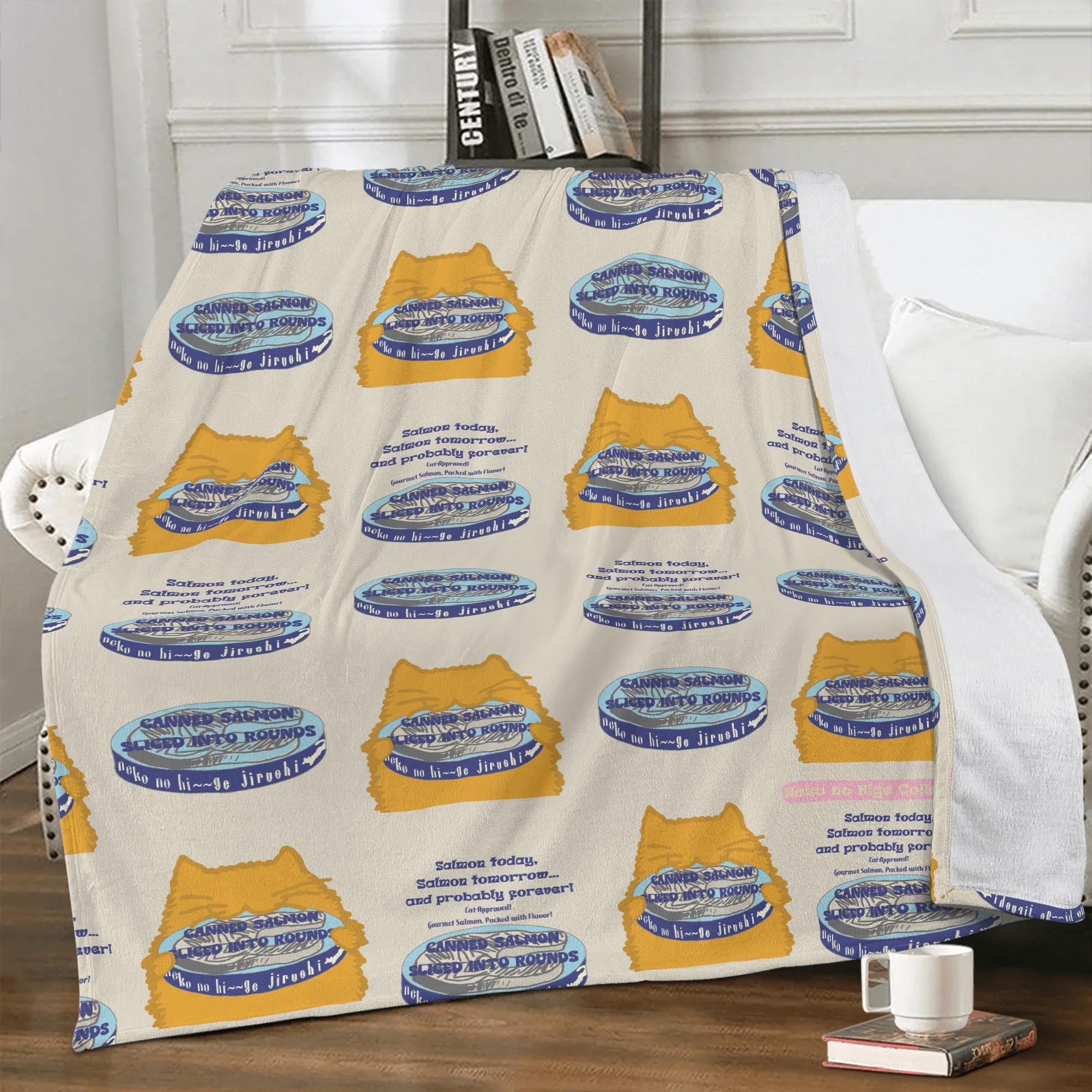 お得なクーポン 送料無料 ねこのひげあつめ。サーモン缶とがぶがぶちゃん:ブルー缶 ブランケット ユニセックス ホームデコレーション 動物 猫 ねこ サーモン缶 缶詰