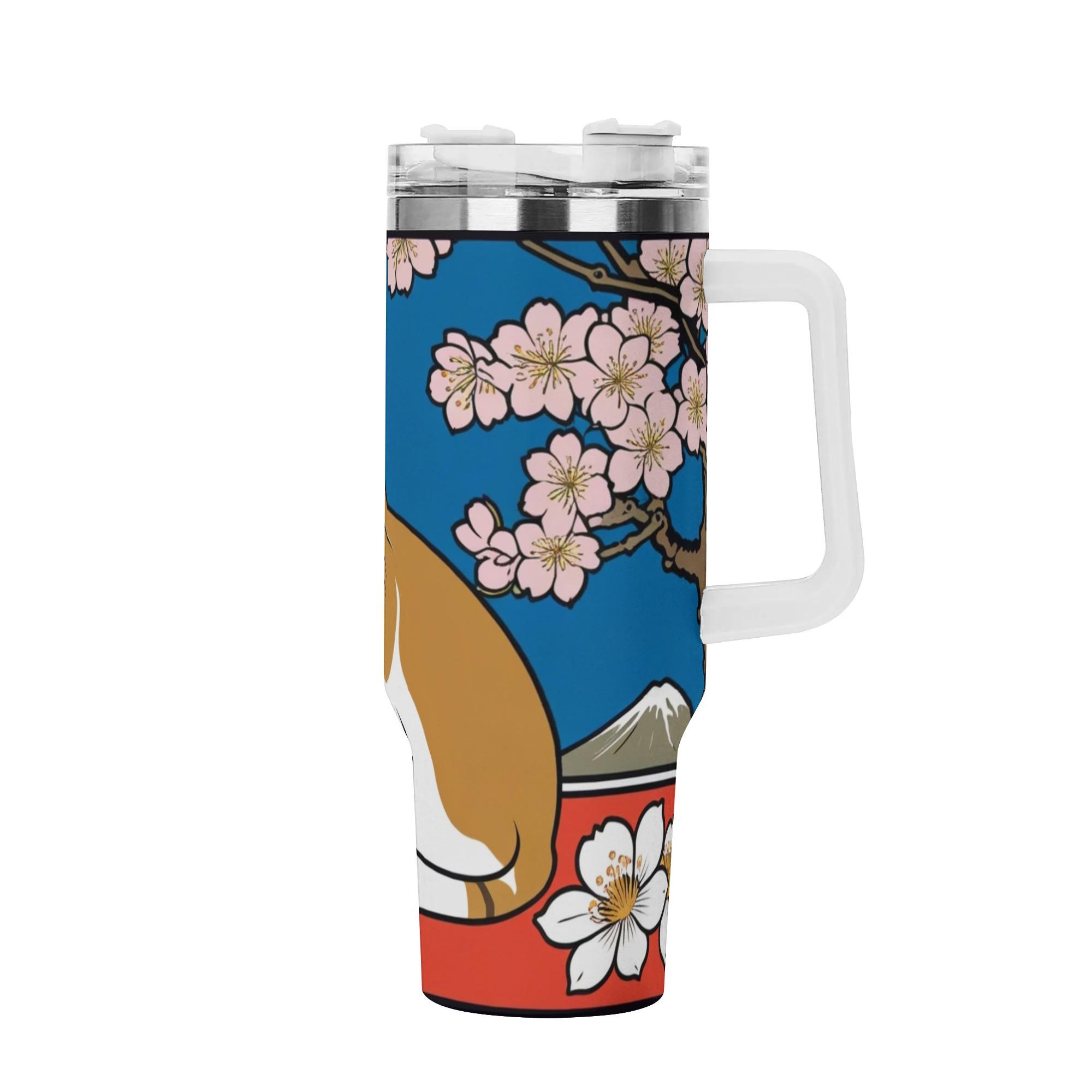 お得なクーポン 送料無料 花札風イラスト 茶白と梅(取っ手付きタンブラー) 取っ手付きタンブラー ユニセックス アクセサリー 動物 猫 ギフト 贈り物 普段使い タンブラー leojiro24 ★★★