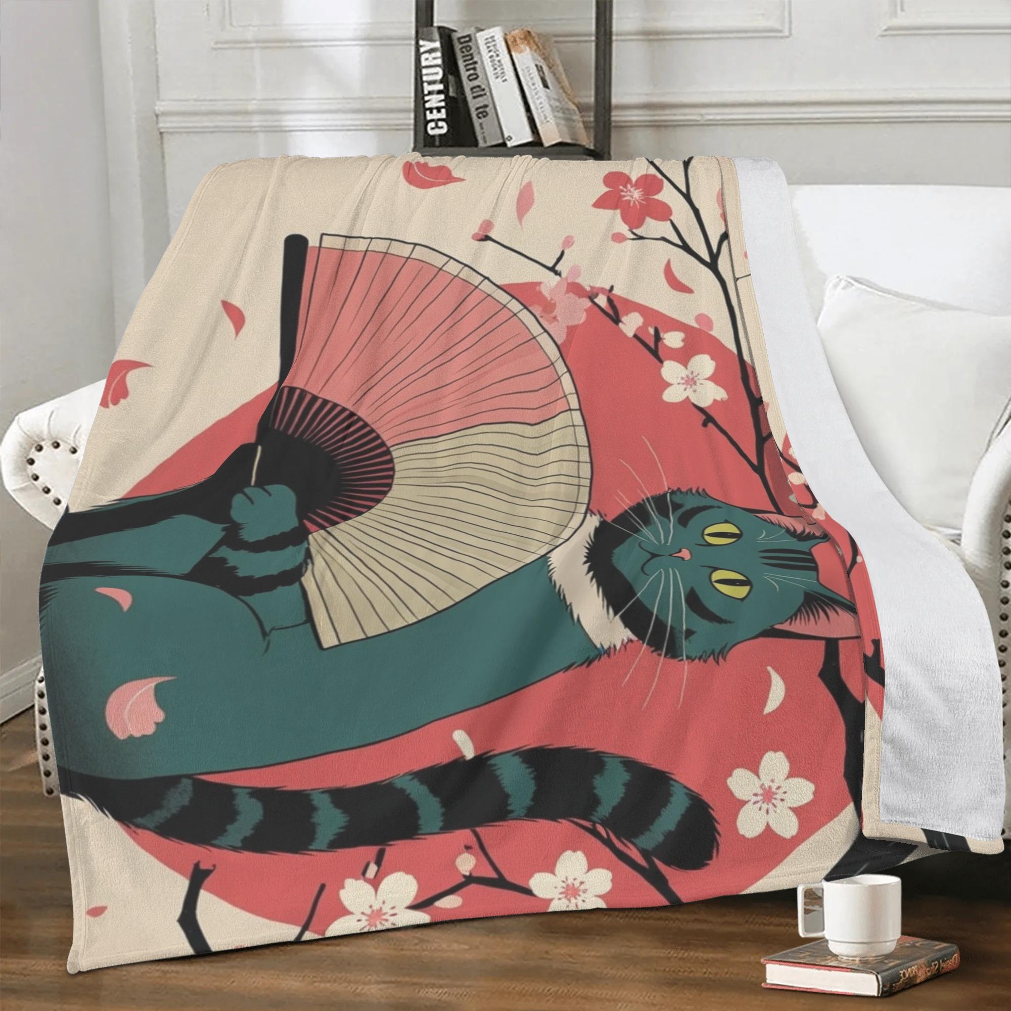 お得なクーポン 送料無料 桜をあしらった扇子猫(ブランケット) ブランケット ユニセックス ホームデコレーション 動物 猫 ギフト 贈り物 普段使い leojiro24 ★★★