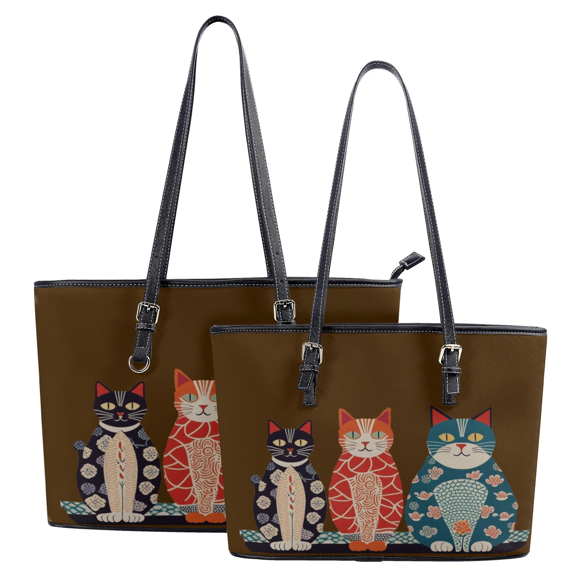 お得なクーポン 送料無料 紺・赤・黒の猫たち浮世絵風サイズ別トリオ：サンビキネコ レザートートバッグ レディース バッグ 動物 猫 ギフト 贈り物 普段使い leojiro24｜BONATHIA 6,507円