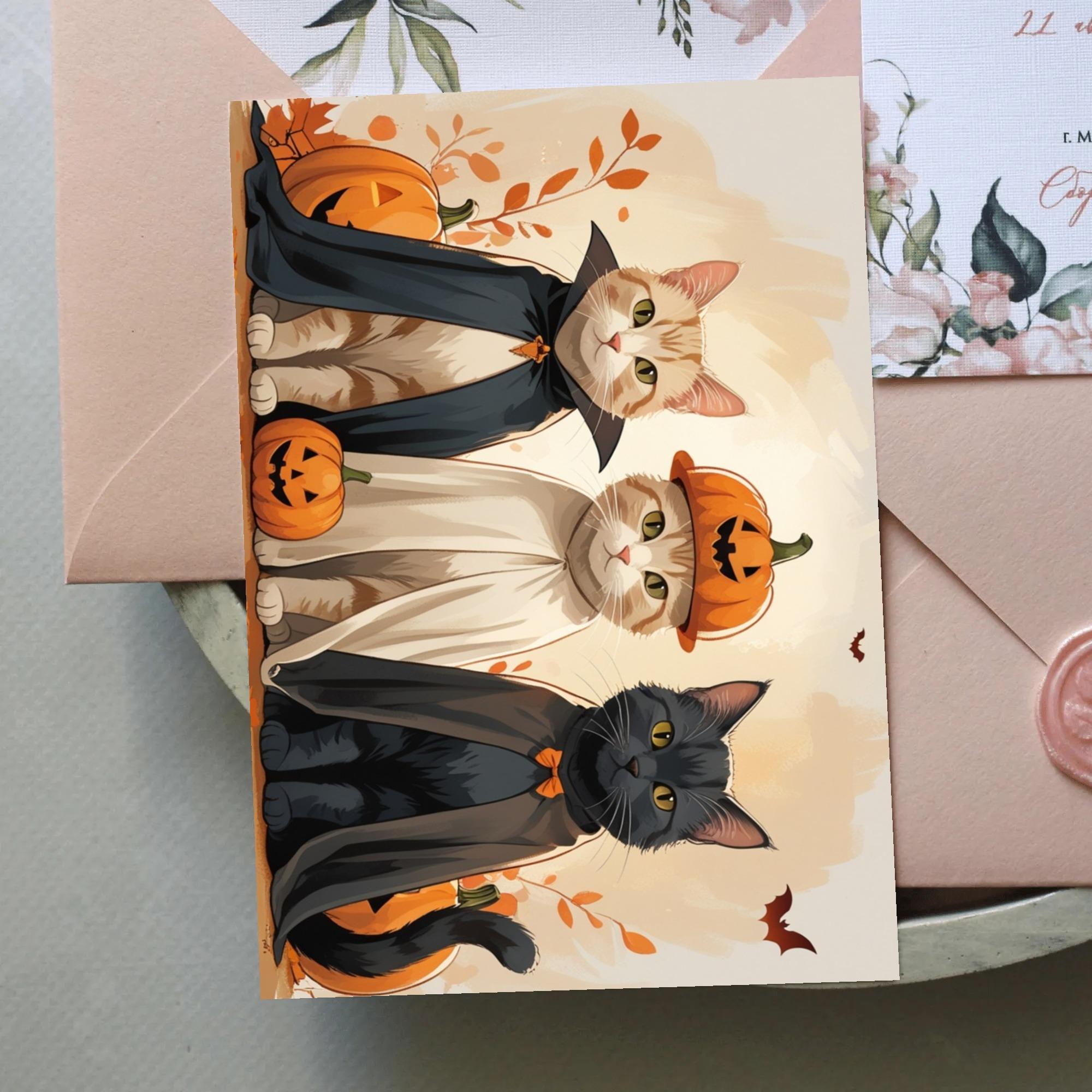 お得なクーポン 送料無料 カボチャとコウモリのコスチュームを着たハロウィン猫たち ポストカード ユニセックス アクセサリー 動物 猫 ハロウィン ギフト 贈り物 普段使い