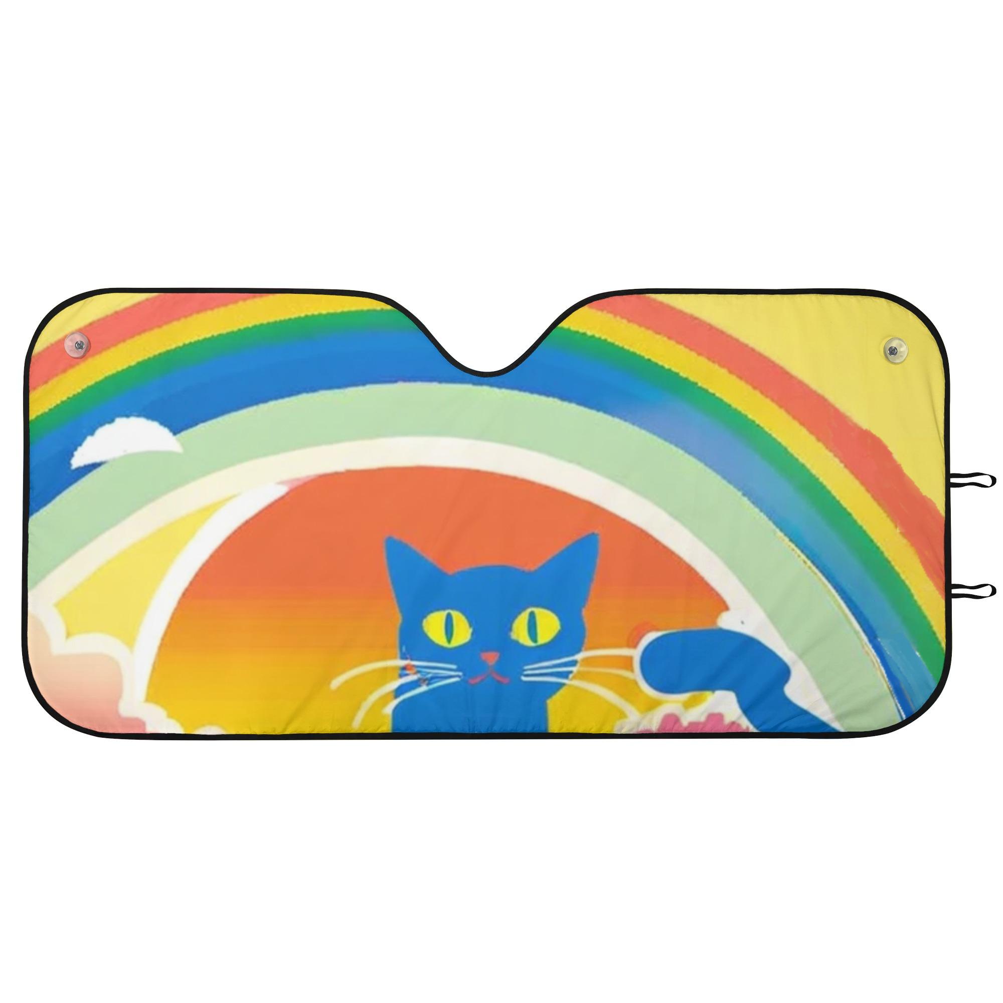 お得なクーポン 送料無料 Rainbow Sunrise Cat ? 青い猫と夢の朝焼け サンシェード ユニセックス ホームデコレーション 動物 猫 ねこ ギフト 贈り物 虹 レインボー 普段使い画像