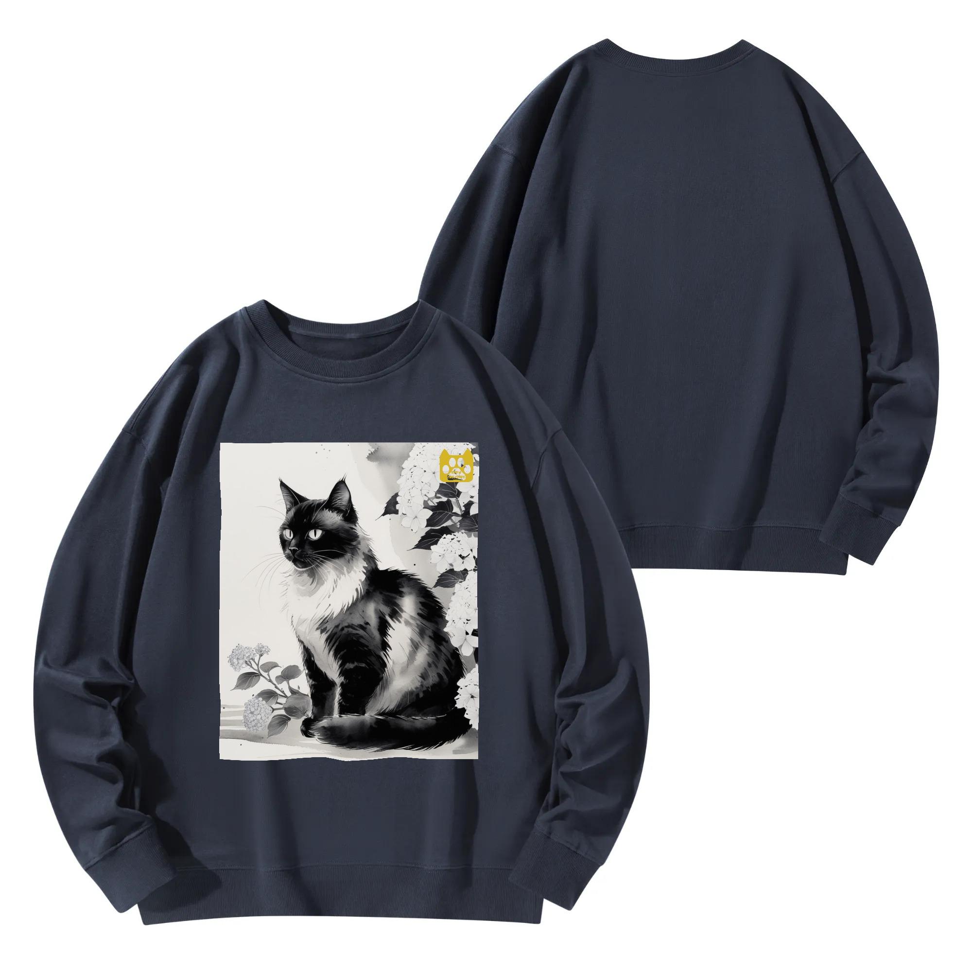 お得なクーポン 送料無料 モノクロ猫と紫陽花 ? 侘び寂びの静寂 front print コットンスウェット ユニセックス レディース メンズ 動物 猫 パーカー ギフト 贈り物