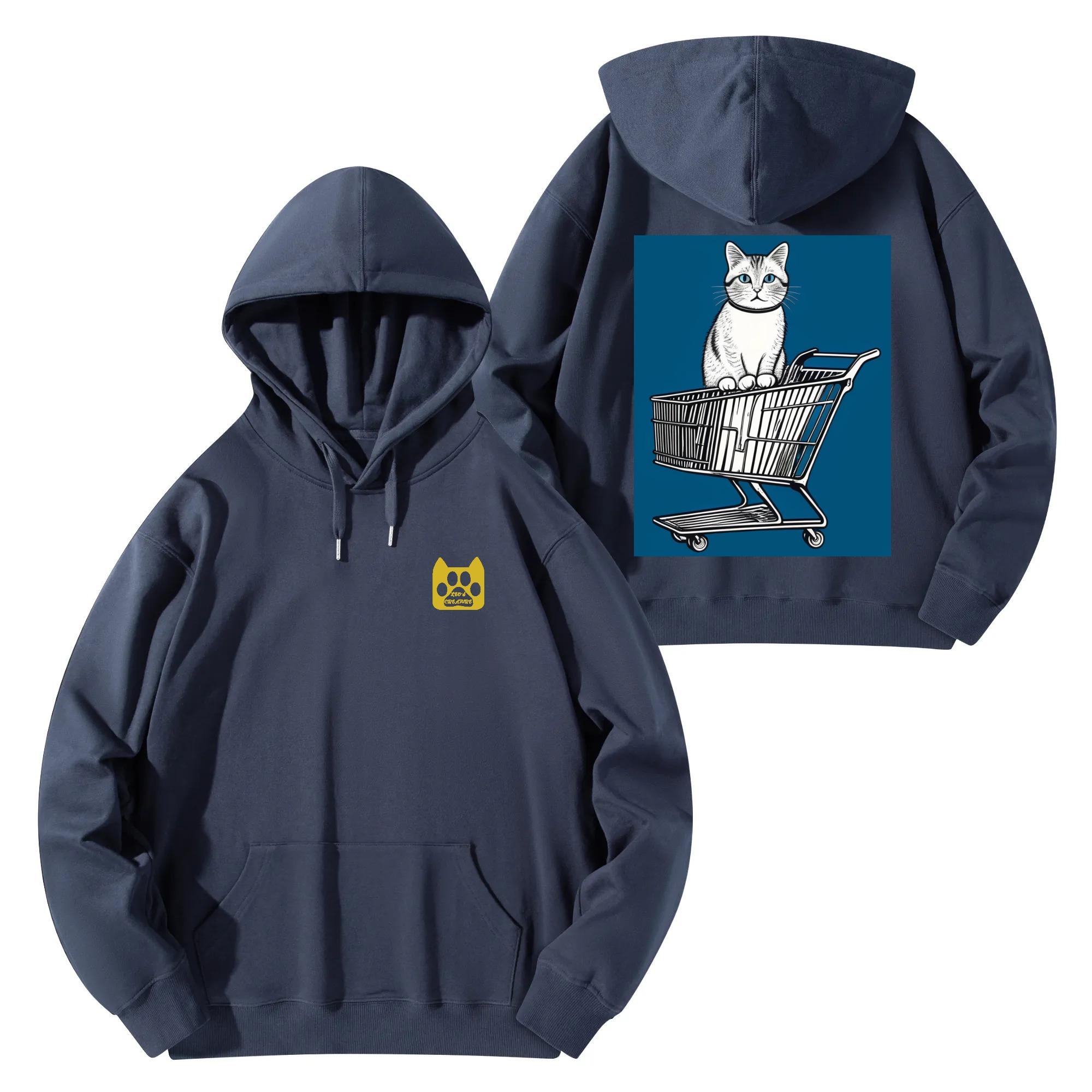 お得なクーポン 送料無料 ショッピングカートに乗った青い目の猫 ? ミニマルポップデザイン コットンパーカー ユニセックス レディース メンズ 動物 猫 パーカー