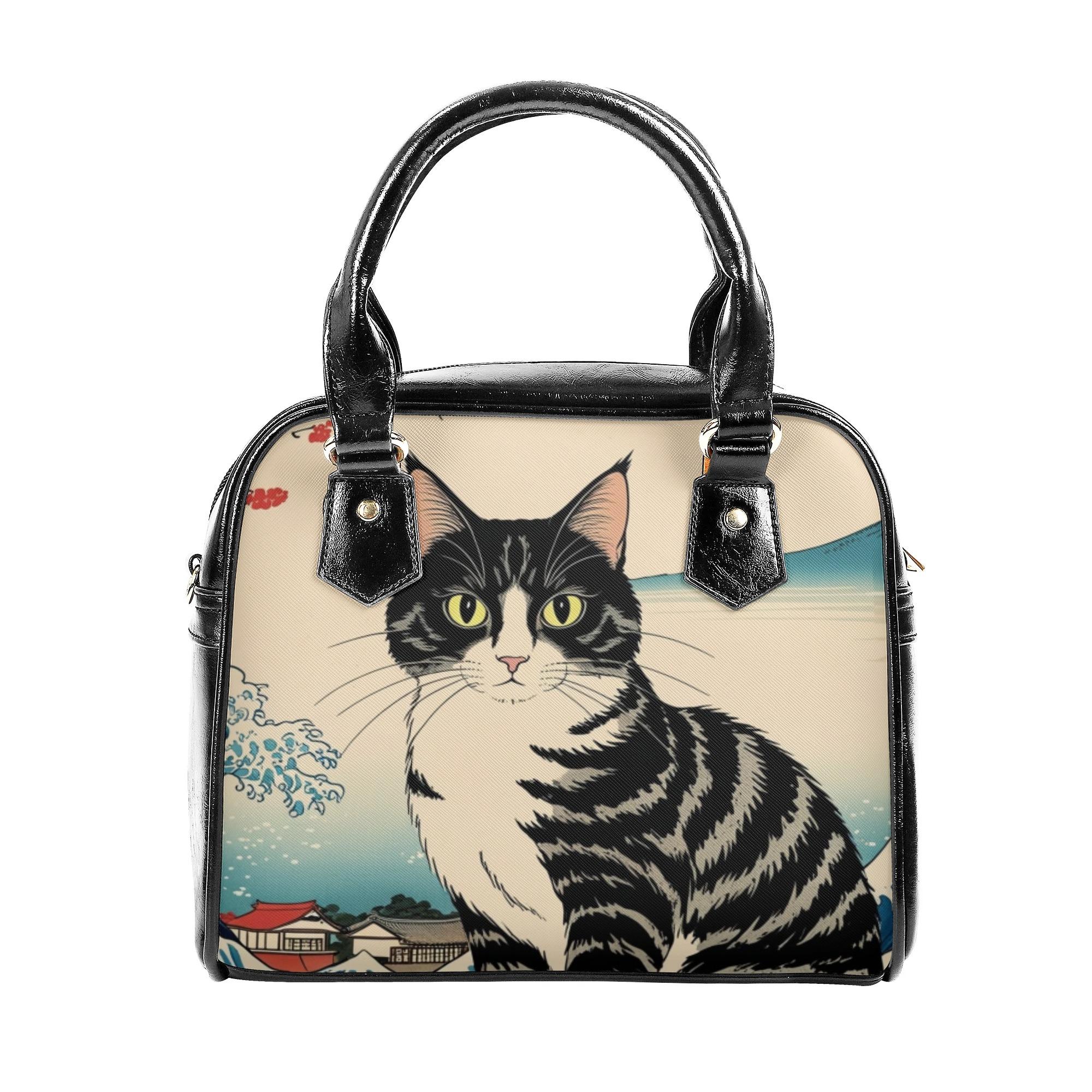 お得なクーポン 送料無料 浮世絵風「神奈川沖浪裏と富士山の猫」 2WAYショルダーバッグ レディース バッグ 動物 猫 ギフト 贈り物 浮世絵風 leojiro24 ★★★