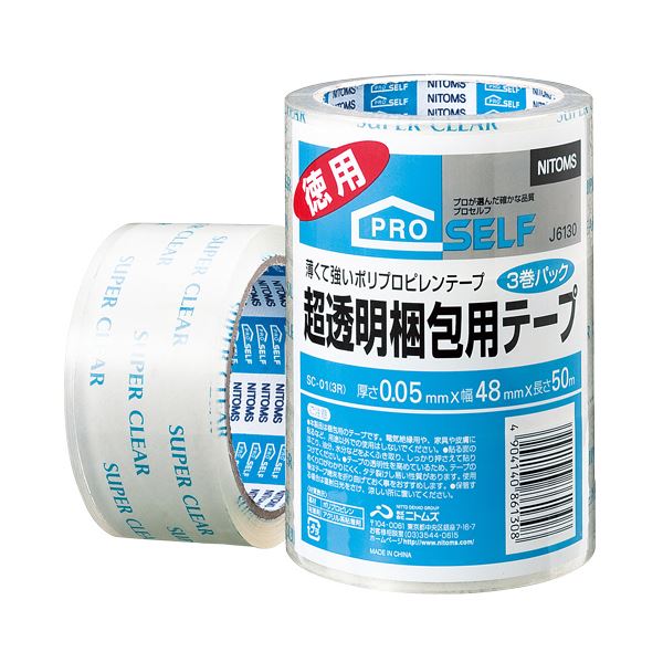 (まとめ) ニトムズ 超透明梱包用テープ SC-01 48mm×50m J6130 1パック（3巻） 【×30セット】