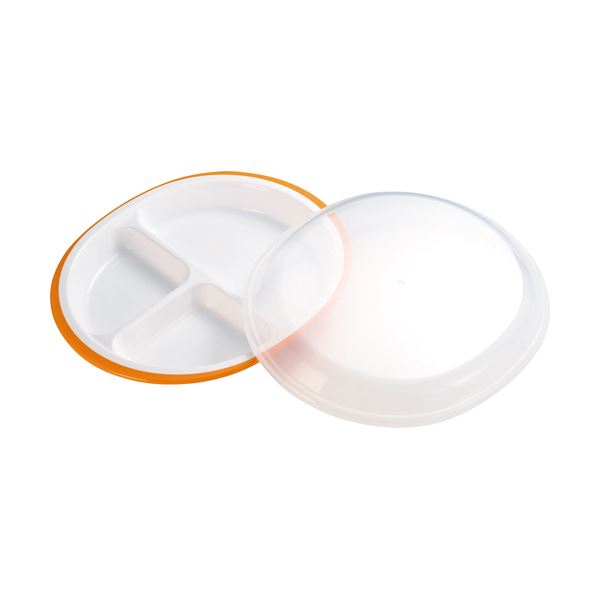 （まとめ）小森脂 フタ付夕ご飯一皿「楽弁」丸型 オレンジ色 1個【×5書き割り】