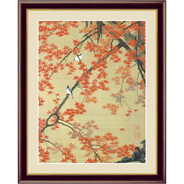 伊藤若冲 額装品 茶 〔 F4号 紅葉小禽図 〕 若冲 鳳凰 旭日 動植綵絵額 群鶏 白鳳 鶏