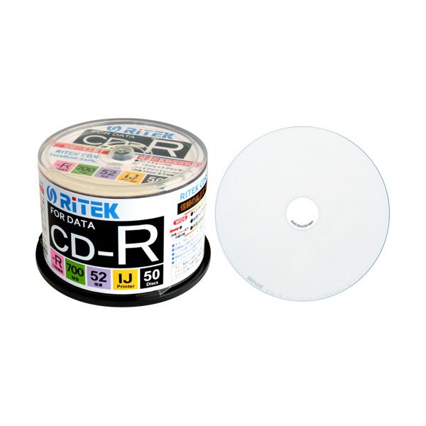 (まとめ) RITEK 資料用CD-R 700MB1-52倍速 ホワイトワイドプリンタブル スピンドル容れもの CD-R700EXWP.50RT C1容器に並べる(50枚)  【×10書き割り】