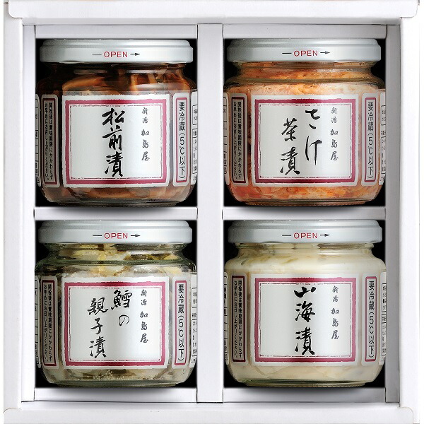 エントリーでP5倍 加島屋　中ビンセット（松前漬、さけ茶漬、鱈の親子漬、山海漬） エントリーでポイント5倍（5月27日01：59迄）