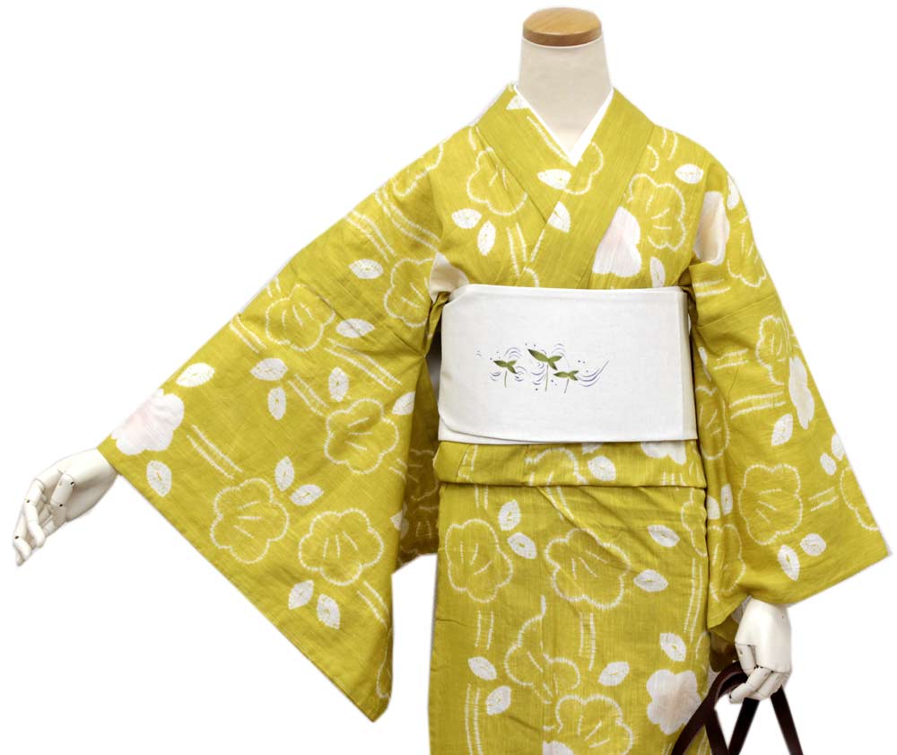 お仕立て上り浴衣 綿麻 からし地梅花紋 京 帽子絞り 仕立て上りだから届いたらすぐ着れる 《ktウク》|着物 卸直営店 京都マルヒサ
