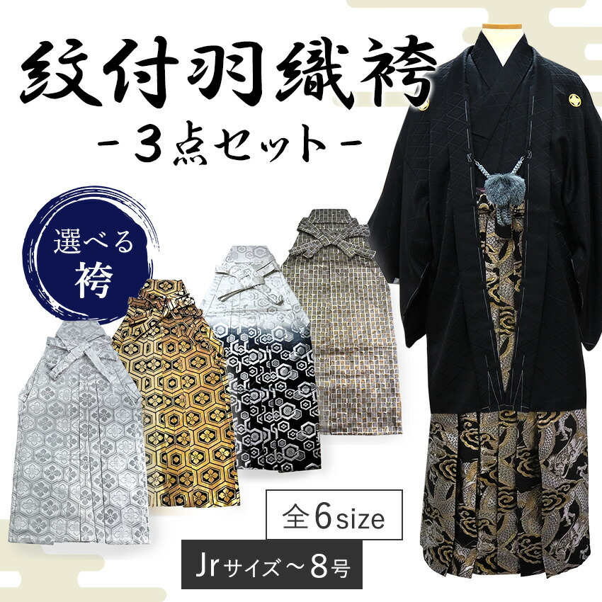 男 紋付 羽織 袴 3点書き割り 成年者式 卒式 無地 黒 金 銀 亀甲 龍 源氏香 Jr大きさ 4号 5号 6号 7号 8号 洗える御召しもの きもの 和装 着物 メンズ 成人男性 成人男性 コスプレ