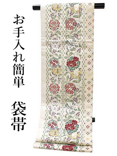 袋帯 礼装 軽め ベージュ 金 白 緑 赤 花唐草 花 牡丹 萩 菊　梅 単品 新品 訪問着 セミフォーマル カジュアル ポリエステル 洗える 仕立て上がり プレタ レディース 女性 和服 和装 着物 送料無料