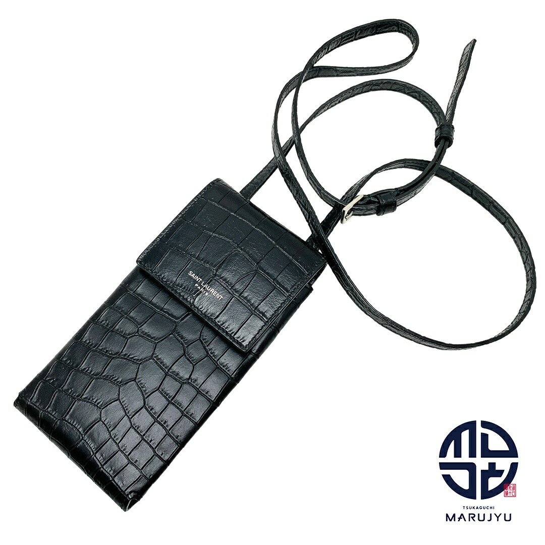 SAINT LAURENT サンローラン 電話機肩部 667713 DZE0E クロコ型押しなめし革 黒いこと 黒 スマホケース ブランド名 小物 【中古】