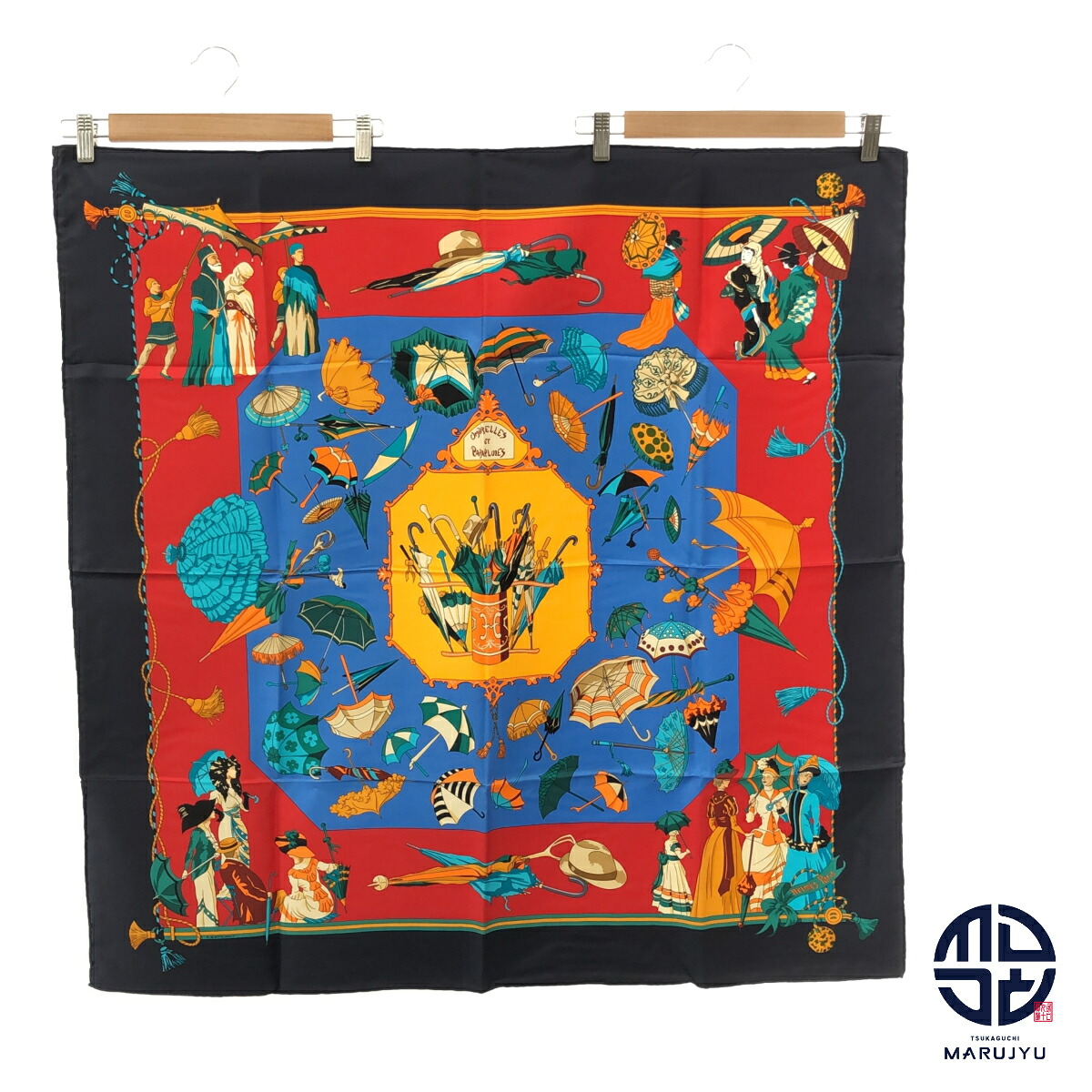 HERMES エルメス カレ90 OMBRELLES ET PARAPLUIES オンブレル・エ・パラプリュイ 日がさとコウモリ傘 黒いこと 赤いこと 青碧 マルチ色合い 大判えり巻き 絹地 ブランド名 小物【中古】